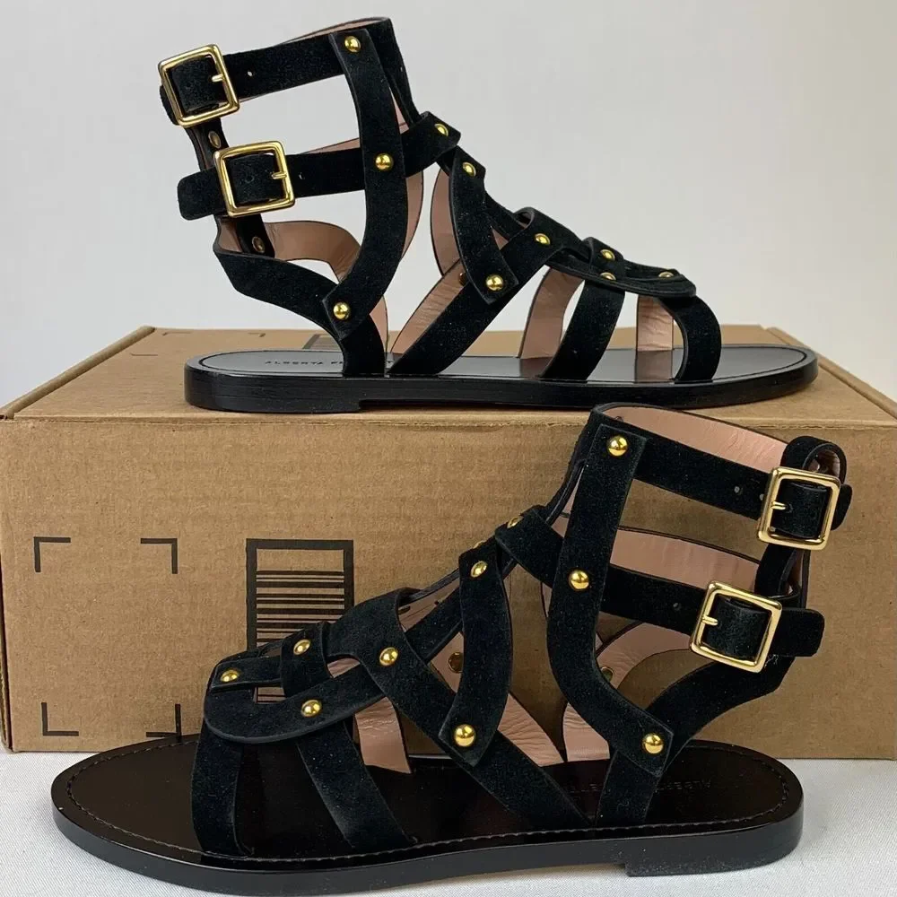 Alberta Ferretti Womens Gladiator Flat Sandal Black Suede Ankle Strap Shoes 6/37